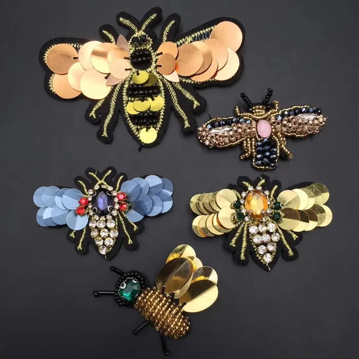 custom Hand made animal bee insect design iron on clothing bead rhinestone crystal appliques patch for hat bags accessories