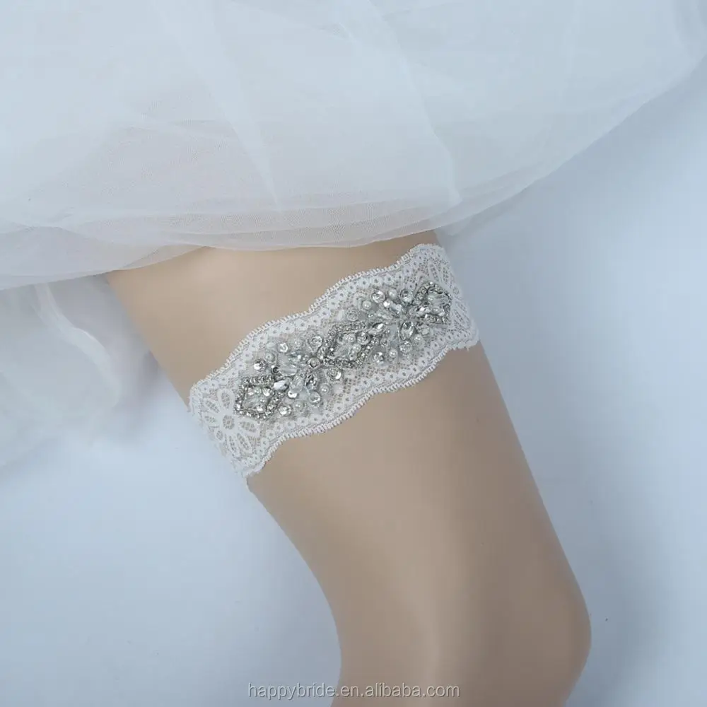 Lowosaiwor Factory Crystal Beaded Applique Sexy Lace Wedding Garter Set,Bridal Leg Garter Belt Handmade WG1004