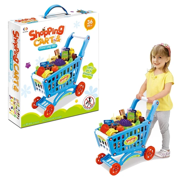 pretend play store game 80 pieces toy shopping cart  kid cargo carts set for Toddlers