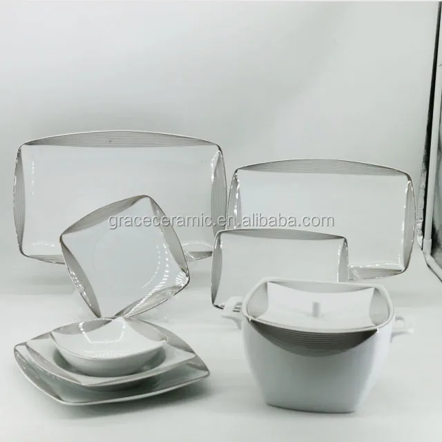 66 PCS Royal Western Fine Porcelain Bone china Modern Restaurants Dinnerware With Silver Rim