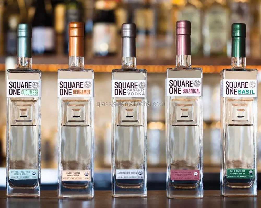 750ml square shape glass vodka bottle with aluminum cap