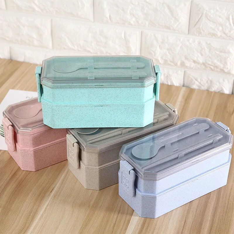 2-Layer Microwavable PP Bento Lunch Box Wheat Straw Plastic Sushi Container with Spoon and Chopsticks for Food Storage Carry