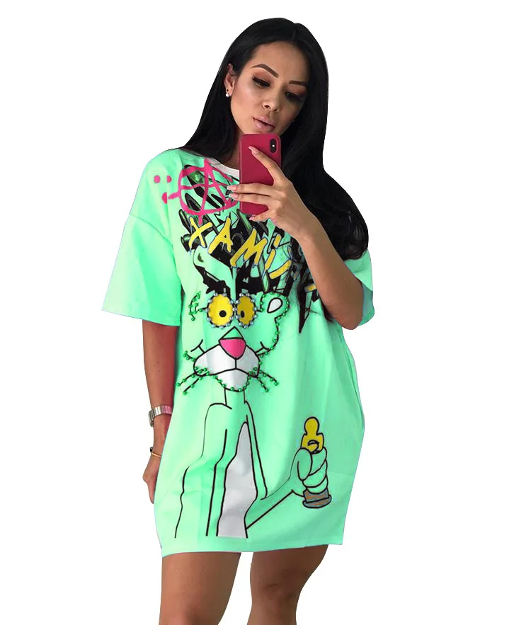 
Ready to ship OEM ODM women fashion casual cartoon beading t shirt dress TC946 