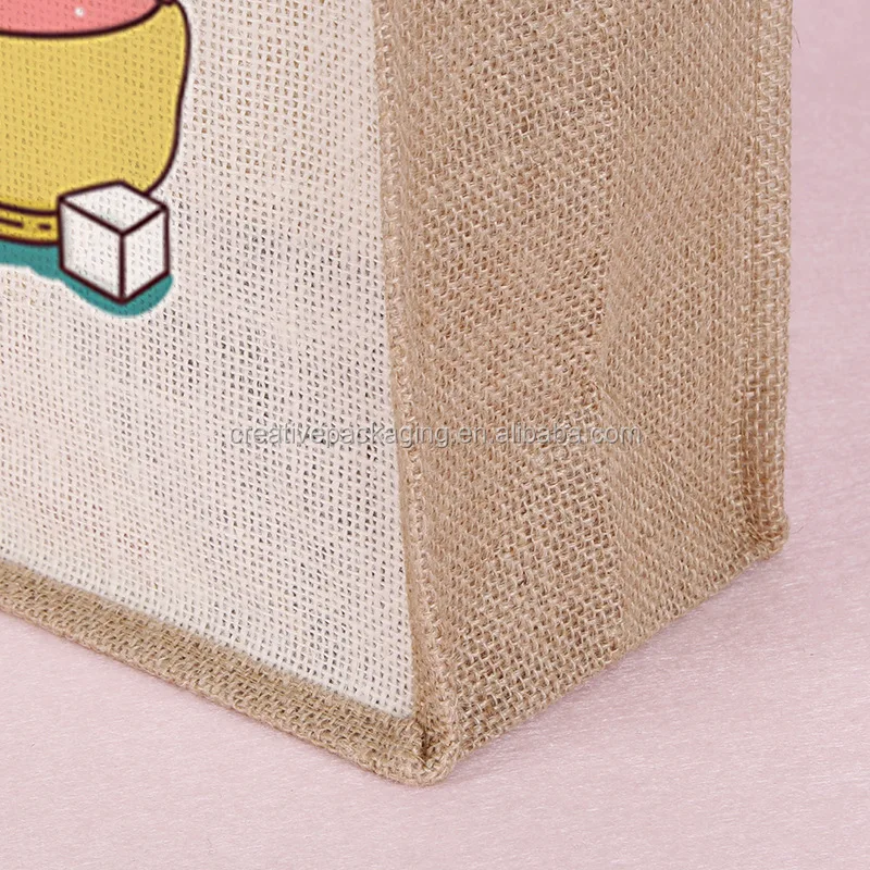 Full colors printed organic small jute tote bag for new type of custom printed with rope bag handles