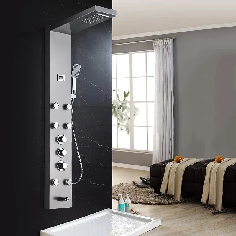 Thermostatic Waterfall Rain Shower Column Panel Jets Sprayer Hand Tub Mixer Tap