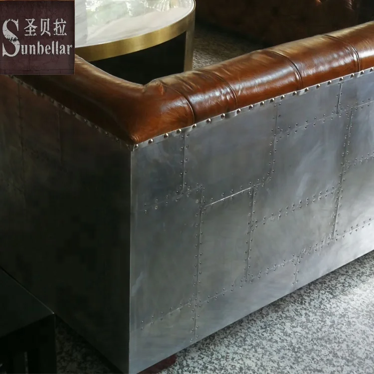 loft industrial furniture sectional leather sofa sets design Aluminium patchwork back luxury classic leather office sofa
