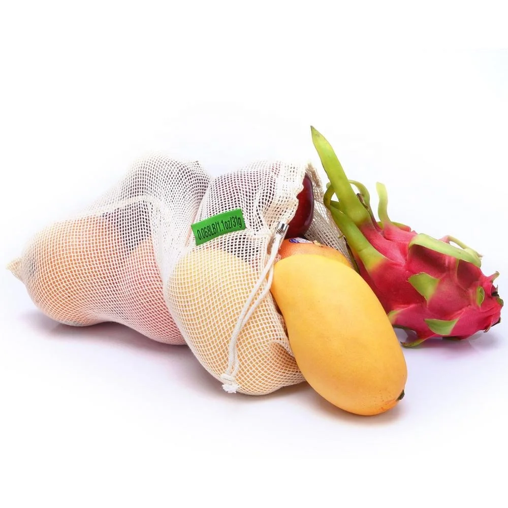 Eco Friendly Reusable Organic cotton drawstring mesh produce bag set for vegetable