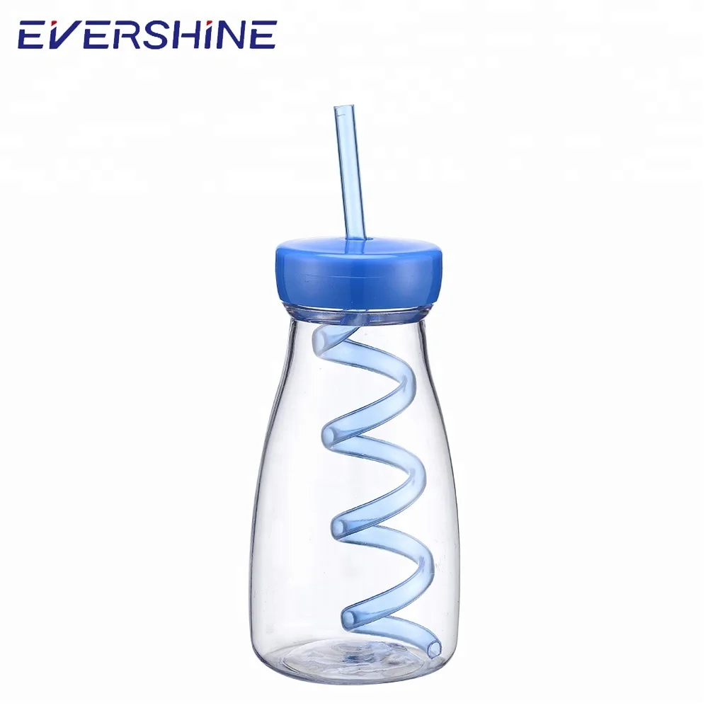Cheap hot sale 350ml beverage plastic bottle milk bottle with straw