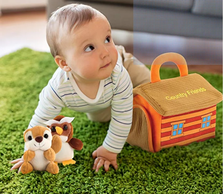 Cute Plush Woodland Animals Toy Set For Kids With Carrier Stuffed Owl, Raccoon, Fox & Squirrel Toys With Sound