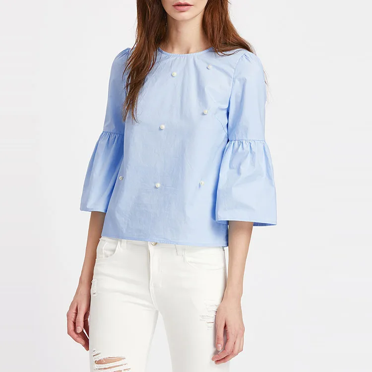 Труба рукав Pearl Embellished Keyhole Блузка Топы Женская рубашка