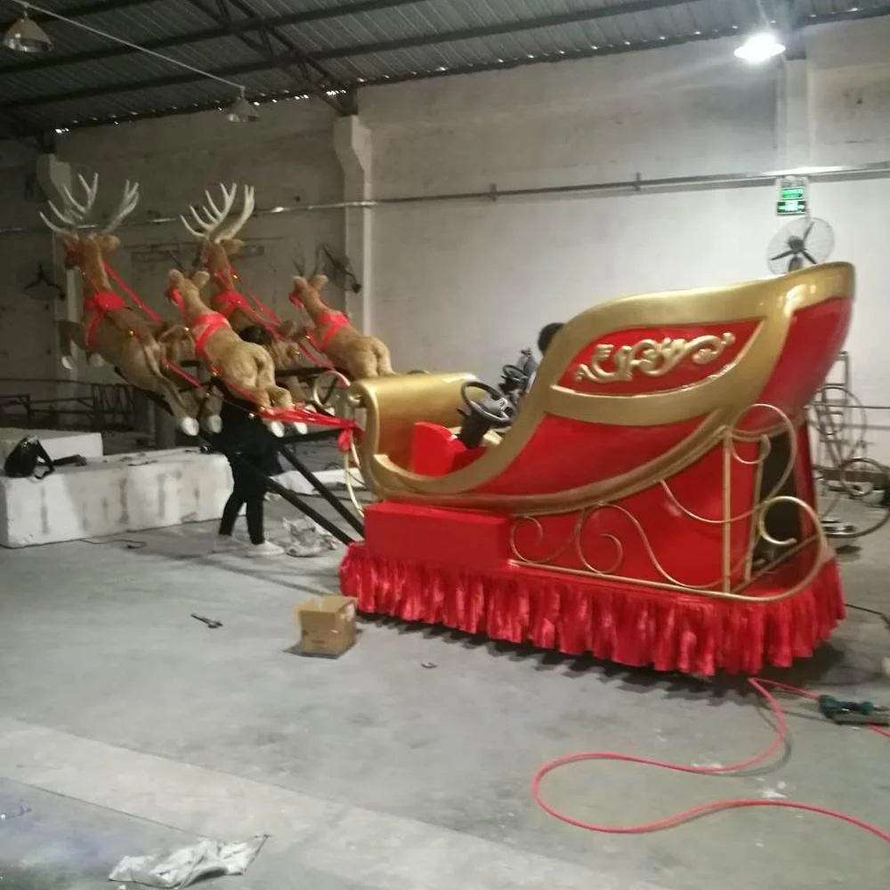 Life size fiberglass Christmas sculpture mall decoration dynamic Sleigh reindeer statue with wheel