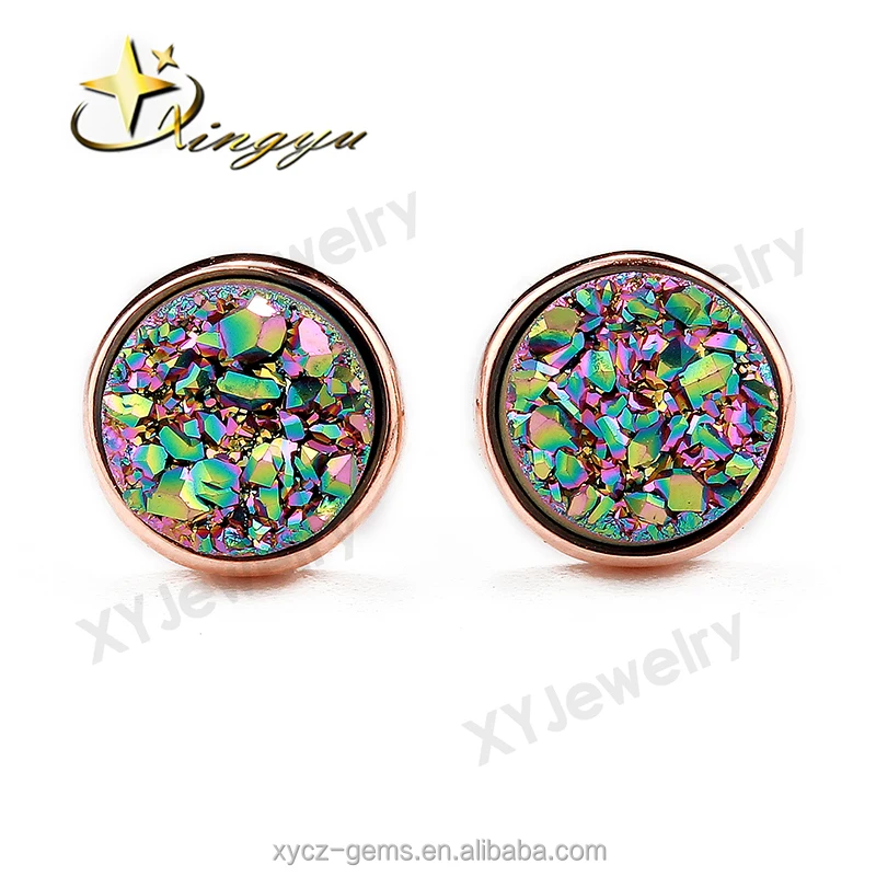 rose  gold plated natural rainbow green earring natural drusy agate stud earrings for girls