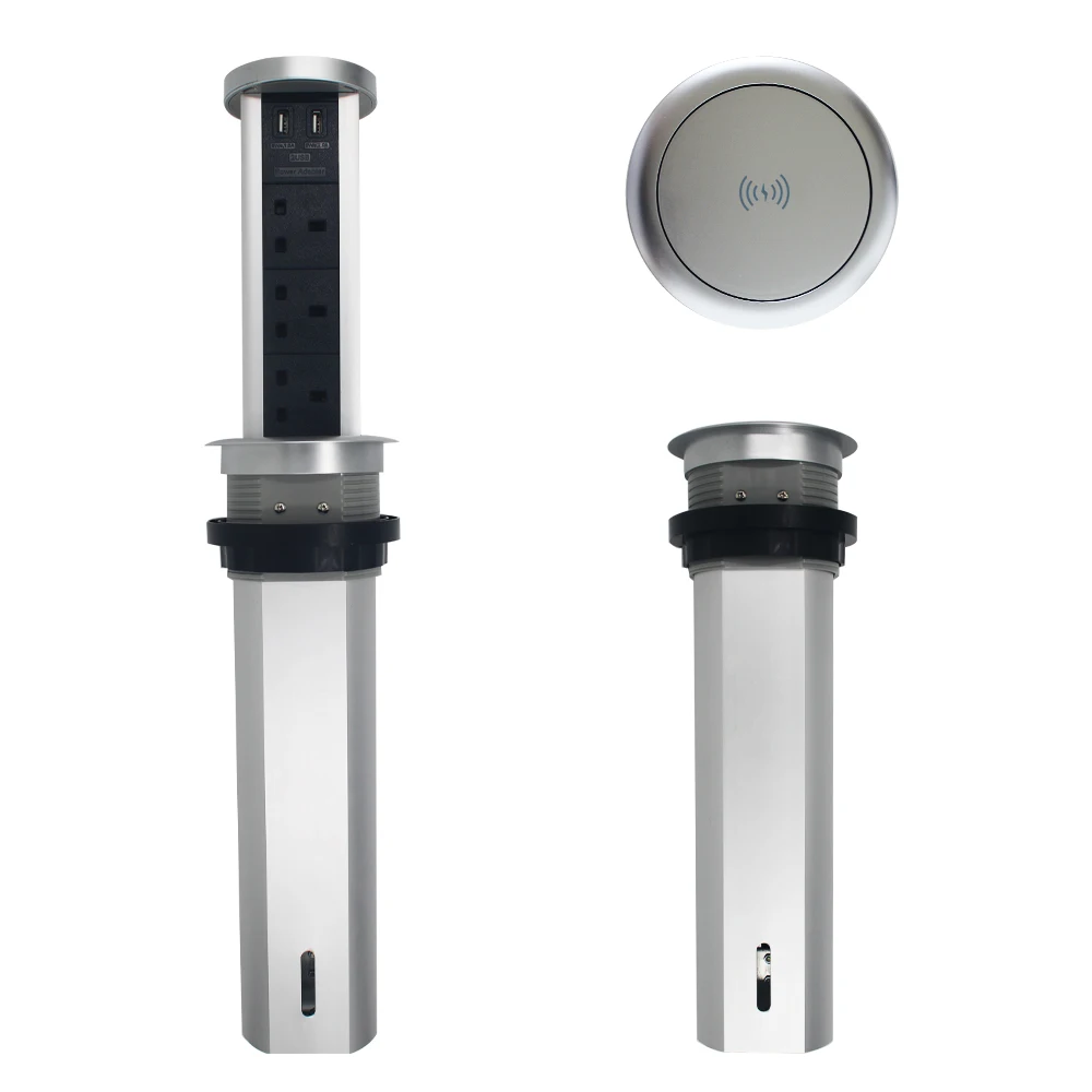 
3UK Plug & 2 USB intelligent wireless charing retractable power motorized tabletop desk smart pop up power strip 