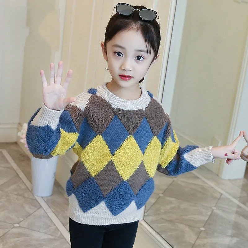 
High quality kids thick warm lingge patterns diamond knitting kids boys sweaters 