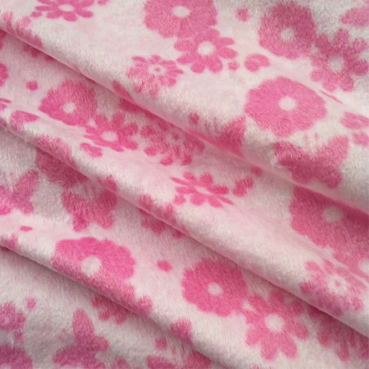 
China suzhou product polar fleece velvet fabric with printing pink flower pattern for baby used and bedding article 