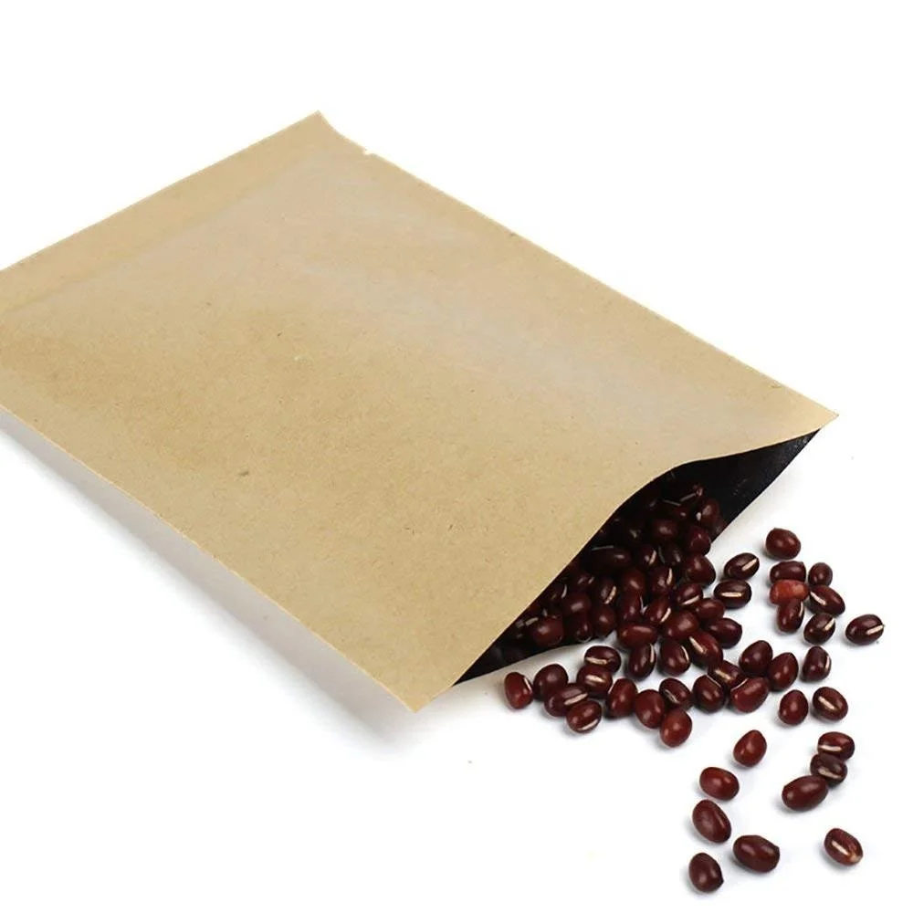 Natural Reusable Biodegradable Kraft Paper Foil Lined Heat Seal 3 side Flat Pouch Coffee Bag