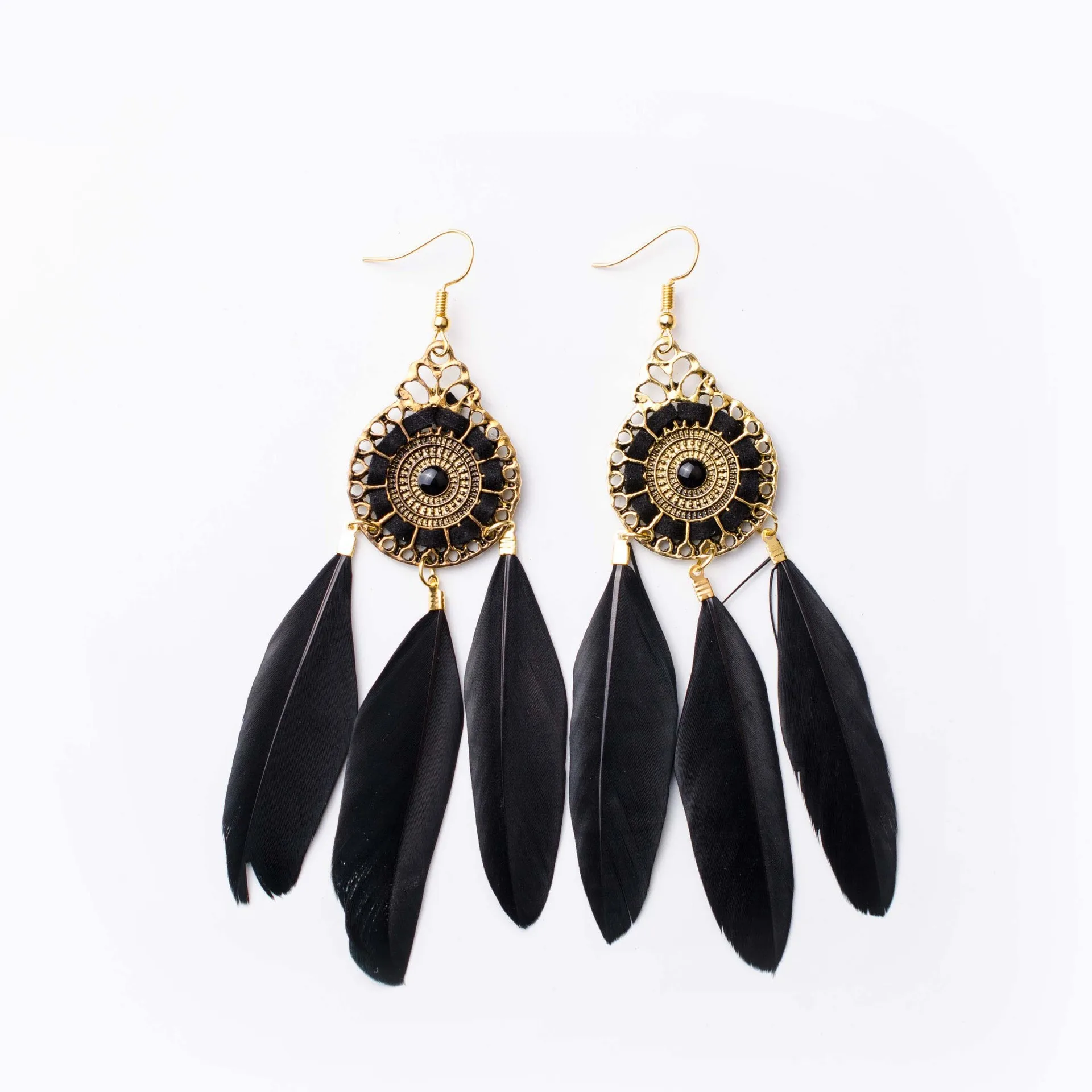 
Cross Border Euro American Retro Tassel Earrings With Bohemian Ethnic Wind Feather Long Earrings 