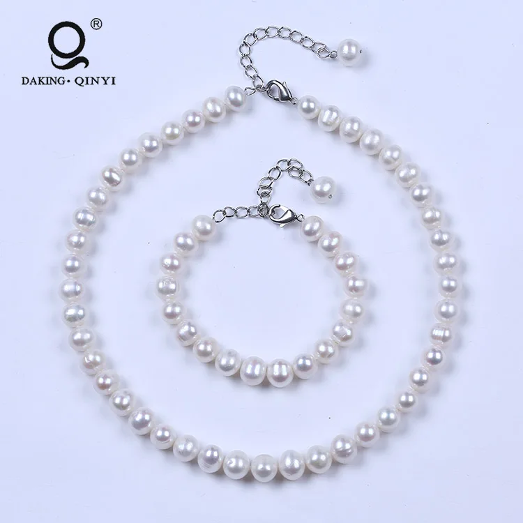 Simple Sterling Sliver plated real freshwater potato pearl necklace  jewelry set