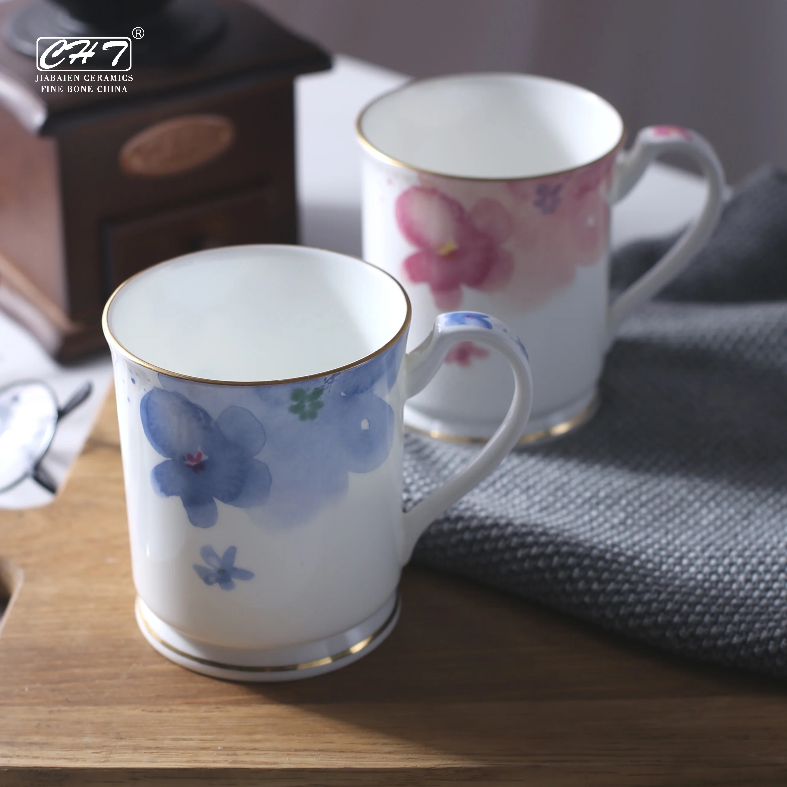 Factory direct sale office couple water cup rustic floral porcelain coffee tea mug cup