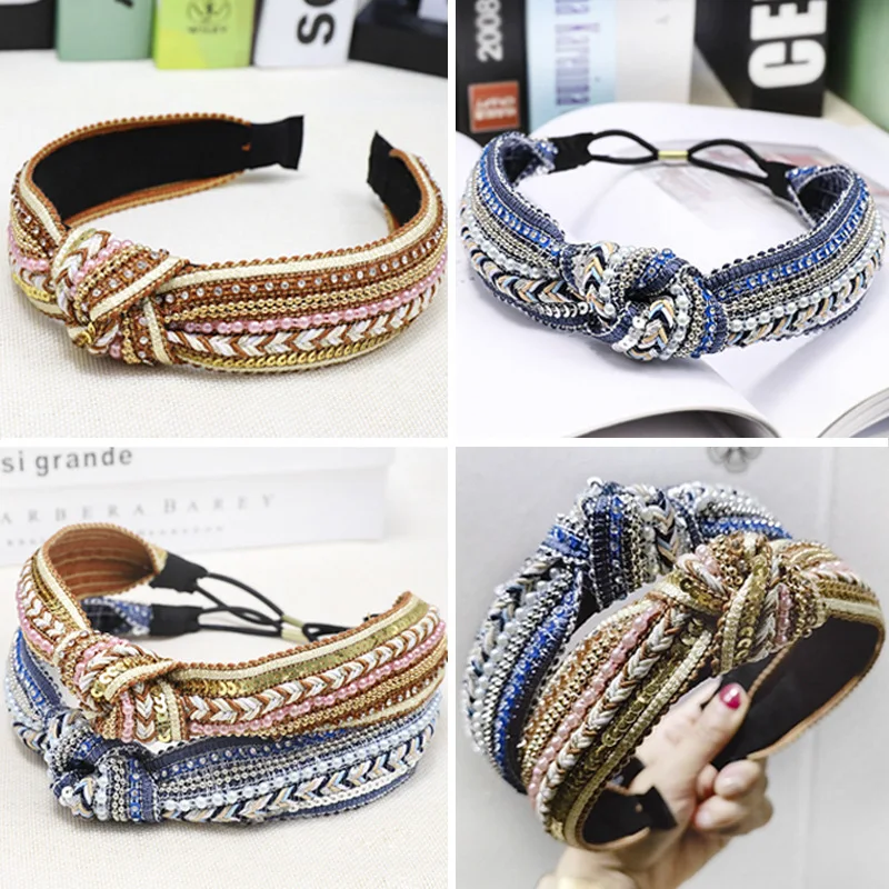 LRTOU Wholesale Custom Boho Handmade Weave Knot Plastic Hair Band Bead Crystal Stretchy Headband For Adult Women