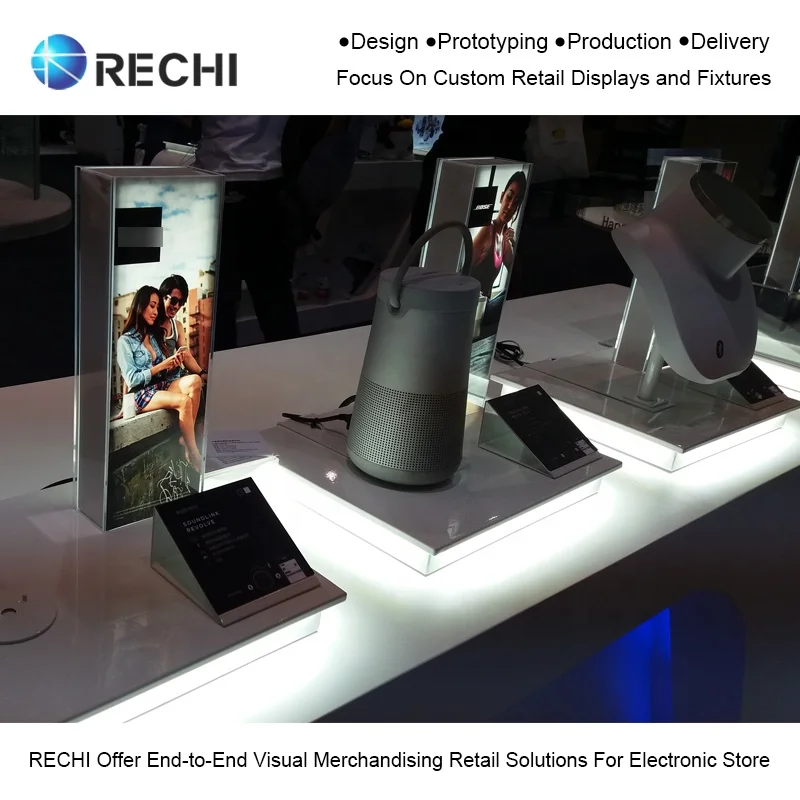 RECHI Custom Illuminated Acrylic Audio Product TWS Earphone Retail POS Display Stand With Led Light for Headphone Experience