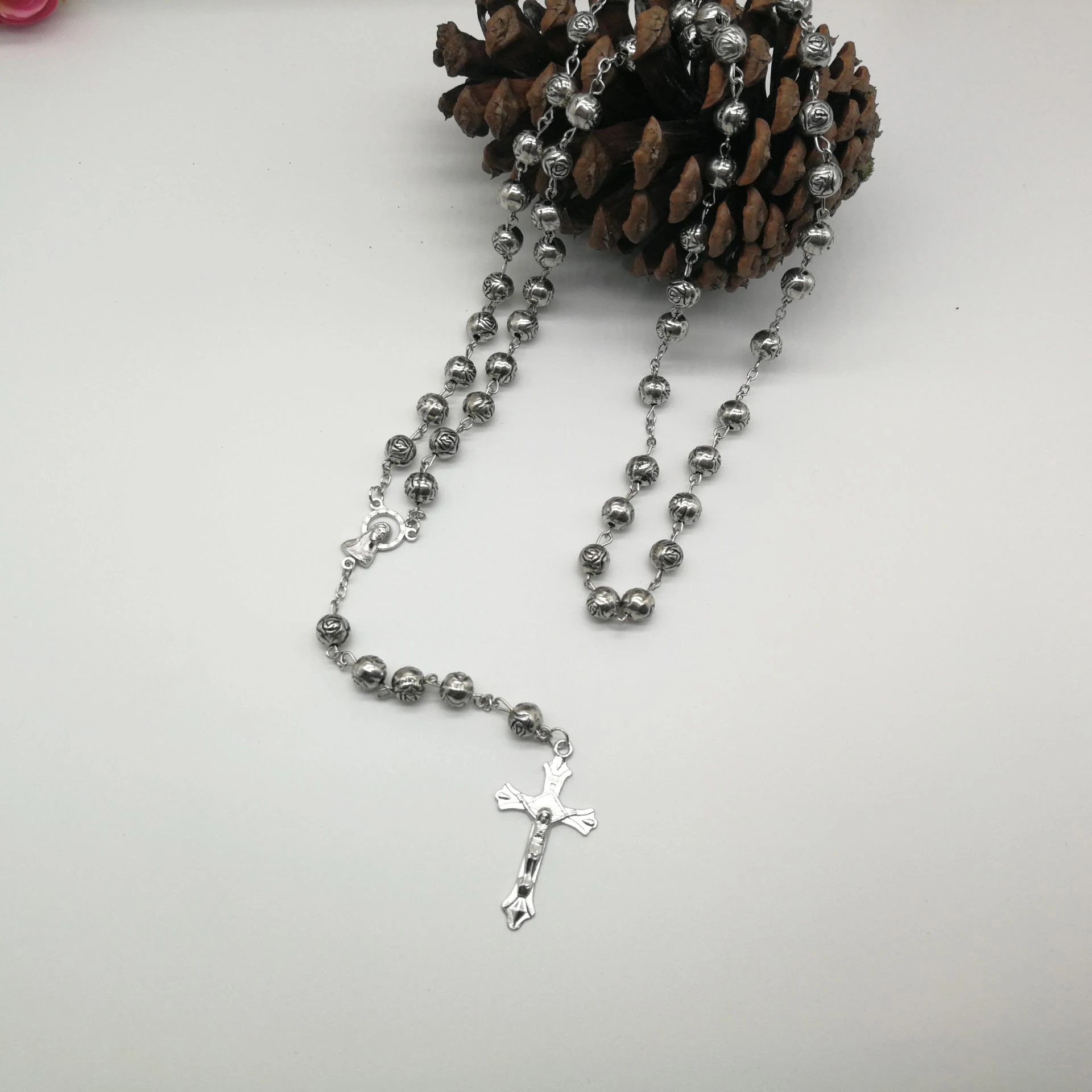 Wholesale Catholic cross pendant Silver color rose bead chain Rosary necklace