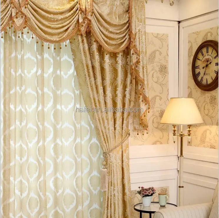luxurious gold jacquard linen curtains with valance from china