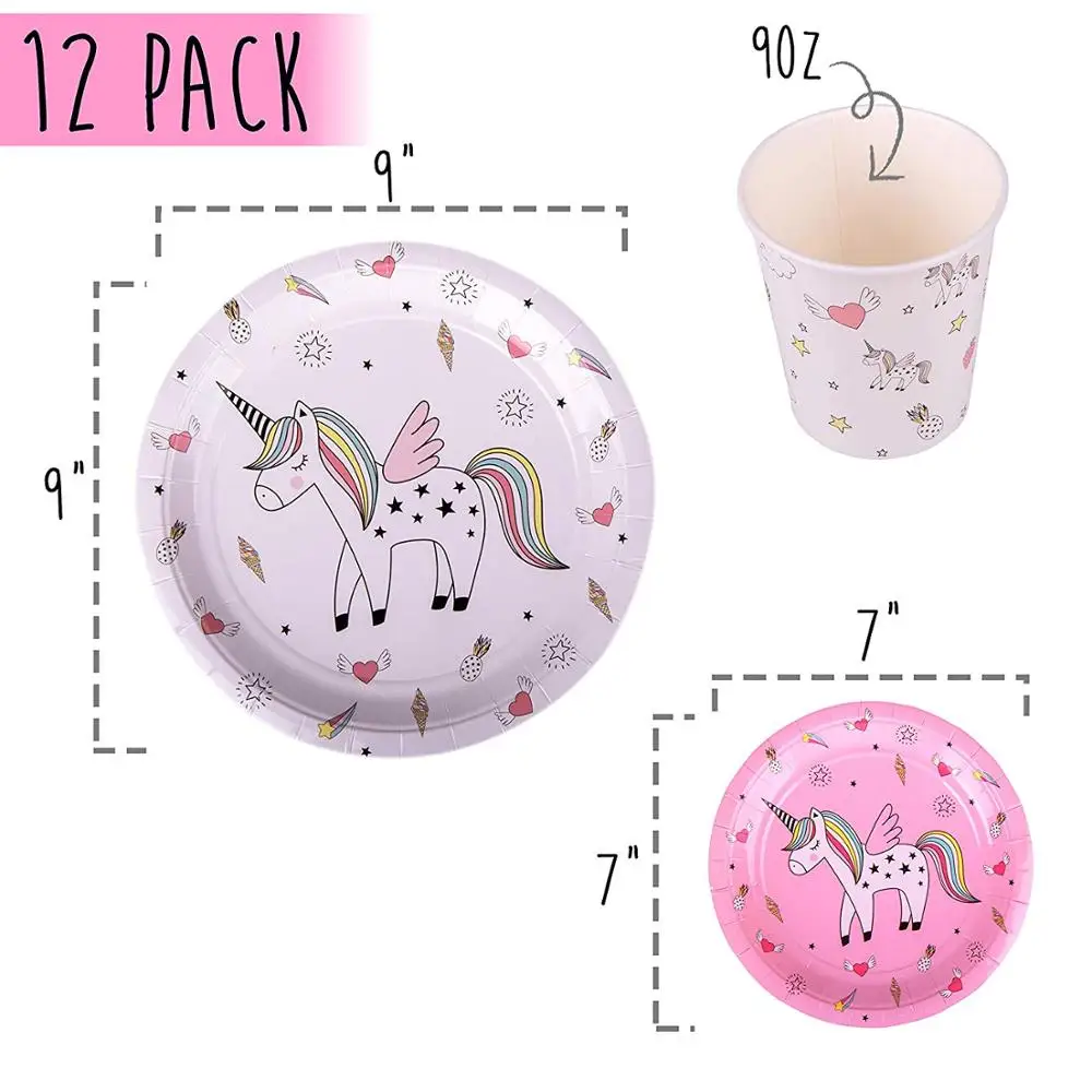  Набор принадлежностей для вечеринки в честь Дня Рождения единорога розовый набор посуды включает одноразовые бумажные тарелки 9 унций чашки соломинки баннеры салфеток