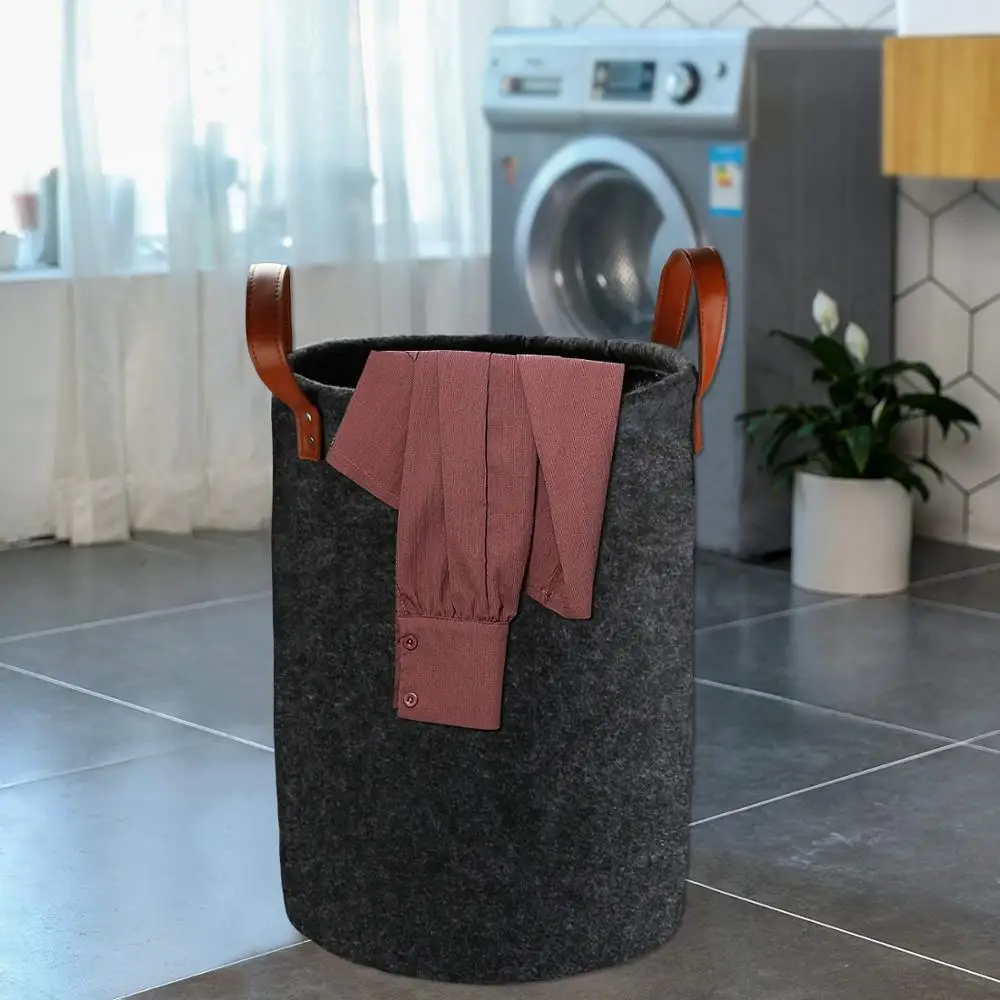 Custom Large Laundry Basket Collapsible Laundry Hamper Foldable Waterproof Storage Basket Round Felt Dirty Clothes with Handles