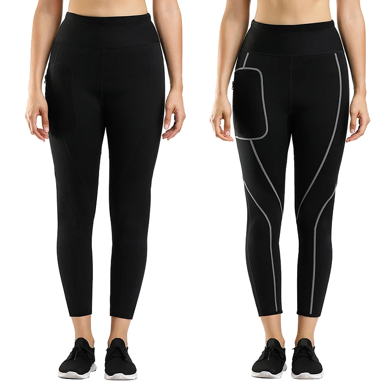 Custom Logo Women High Waist Yoga Neoprene Pants Leggings Fitness Waist Trimmer Control Swear Slimming Pants With Pocket