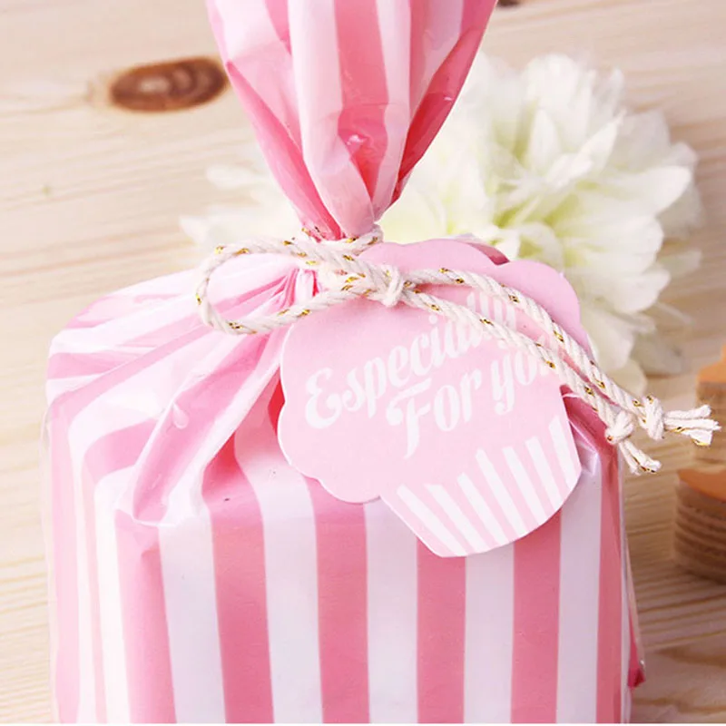 50 PCS Plastic Cheap Cute Bow Tie Stripe Baking Cookie Candy Wedding Gift Package Bags  14*20CM