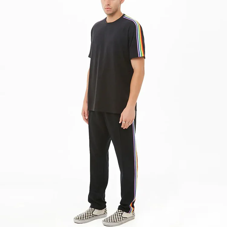 crew neck tshirt 100% cotton wholesale clothing dropped shoulders rainbow stripe trim short sleeve t shirt men