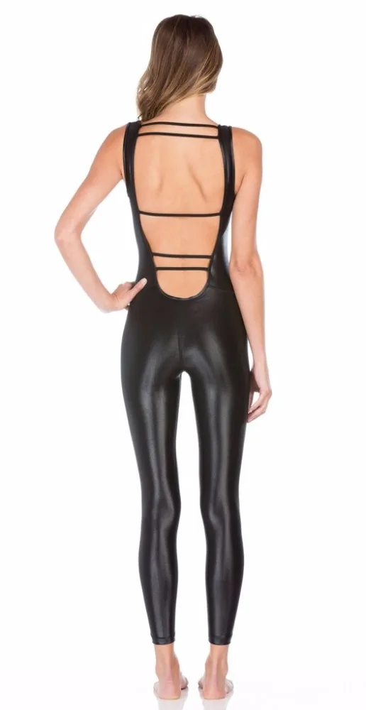 Quick Dry Shiny Bodysuit Polyester  Tight Jumpsuit Yoga Pants and Top Black for Women Sportswear OEM Service Fitness & Yoga Wear