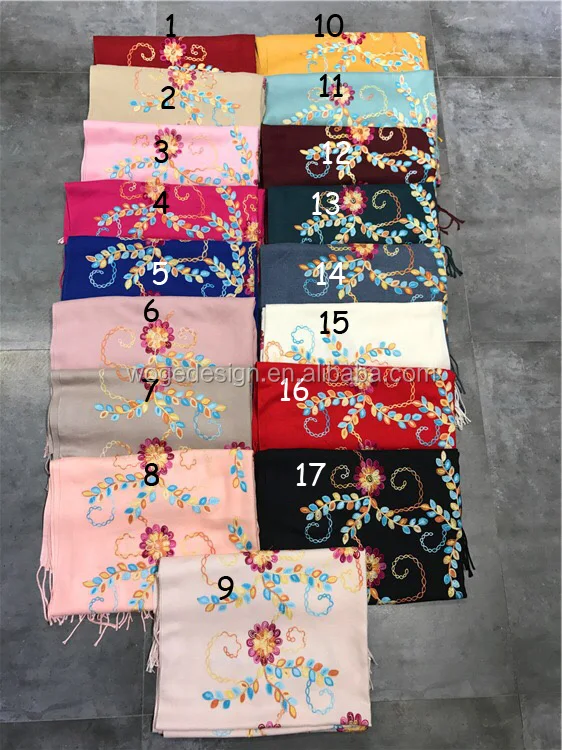 New stylish supplier nice womans twill acrylic shawls stoles echarpe cashmere feeling flowers embroidery winter pashmina scarfs