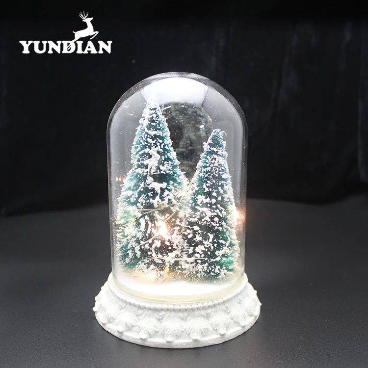 Wholesale hand made decorative led lighted up clear glass dome bell cloche ornament with base with christmas tree inside