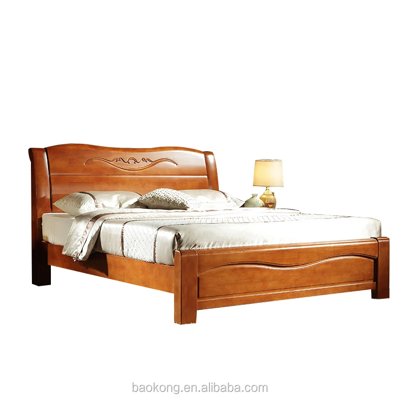 Wholesale Cheap Rubber Wood Carved Double Plank Bed