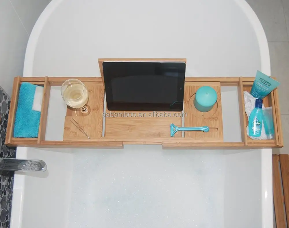 Bathtub Caddy with MIRROR with Extending Non Slip Sides, Wine Glass Holder, 2 Removable Storage Shelves