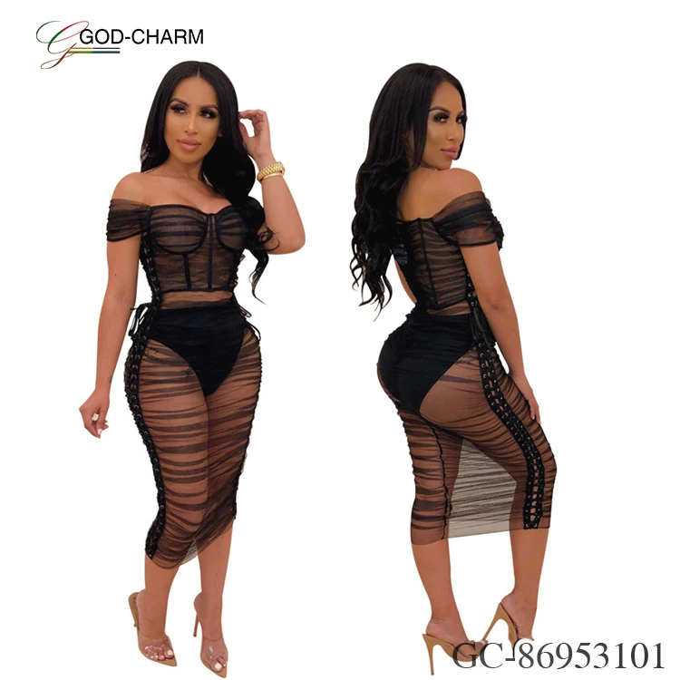 *GC-86953101 2022 new African clothing God-Charm wholesale sexy off-shoulder eyelet see-through mesh dress for nightclub wear