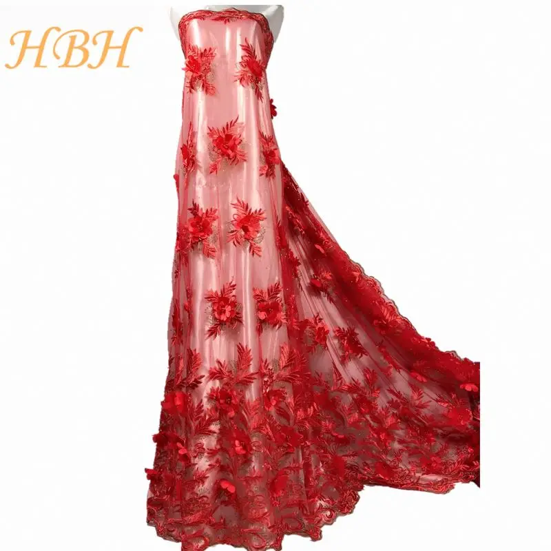 
Красная вышитая бисером 3D Цветочная кружевная сетчатая ткань Дубай для кружева платья 