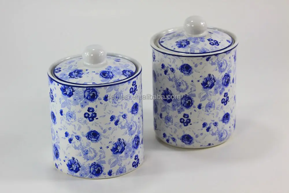 ceramic storage jar with blue & white decal