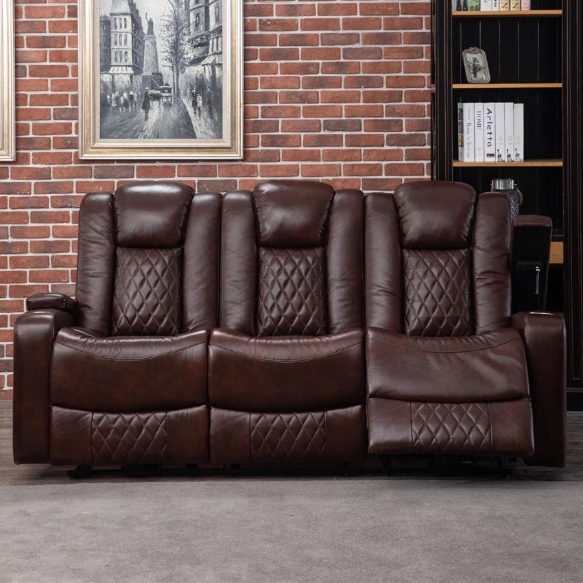 Luxury Genuine Leather Multifunctional Recliner Sofa Set with Cooling Cup Holder for Living Room