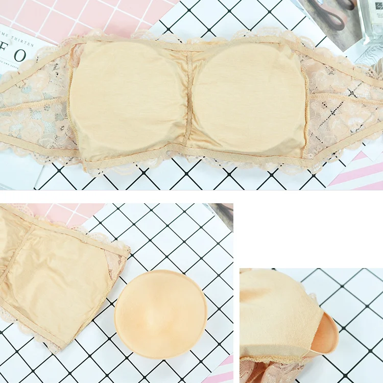 Sexy Back Boob Tube Strapless Bra,Yoga Stretch Crop Top Removable Crochet Lace Neck Bralette