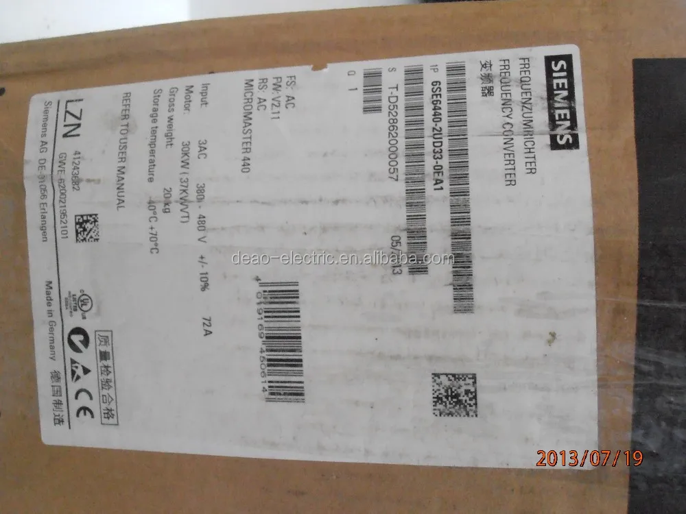 Микромастер SIEMENS 440 без фильтра 3AC 380-480 В + 10/-10% 47-63 Гц постоянный крутящий момент мощность 30 кВт 6SE6440-2UD33-0EA1