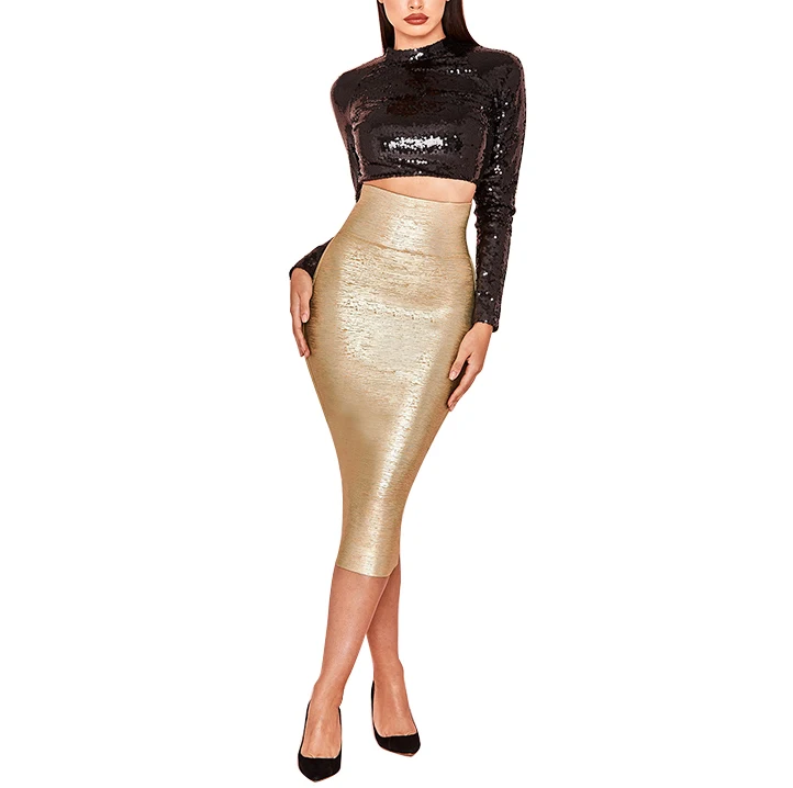 Casual Sexy Bronzing Gold Pencil Ladies Office Skirt fashion High Waisted Club Bandage skirts for Women