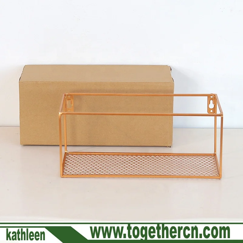 
Bathroom Kitchen Wall Decorative Floating Rectangle Gold Color Metal Wire Shelves 