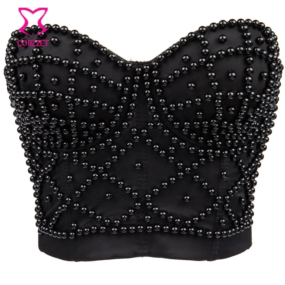 Corzzet Pure Deep Black Sexy Mysteric Outfit Push Up 3/4 Cup B Cup Beading Bustier Women Curvy Shape Performance Club Clothing