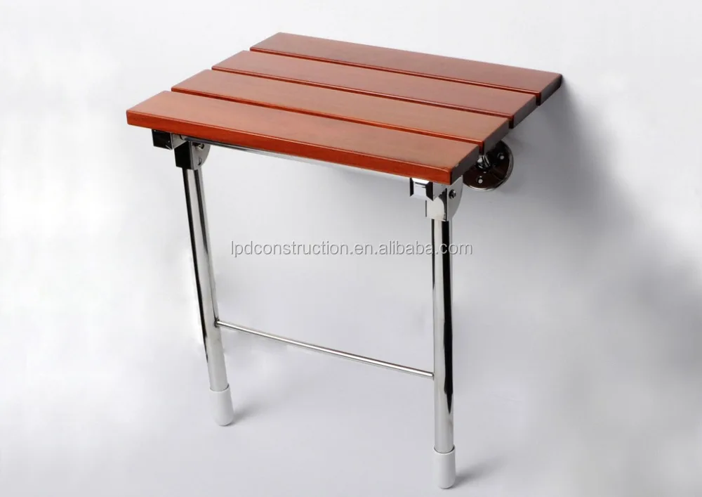Wall Mount Solid Wood Stainless Steel Bracket Folding Shower Seat Fold up Bathroom Sauna  Bench