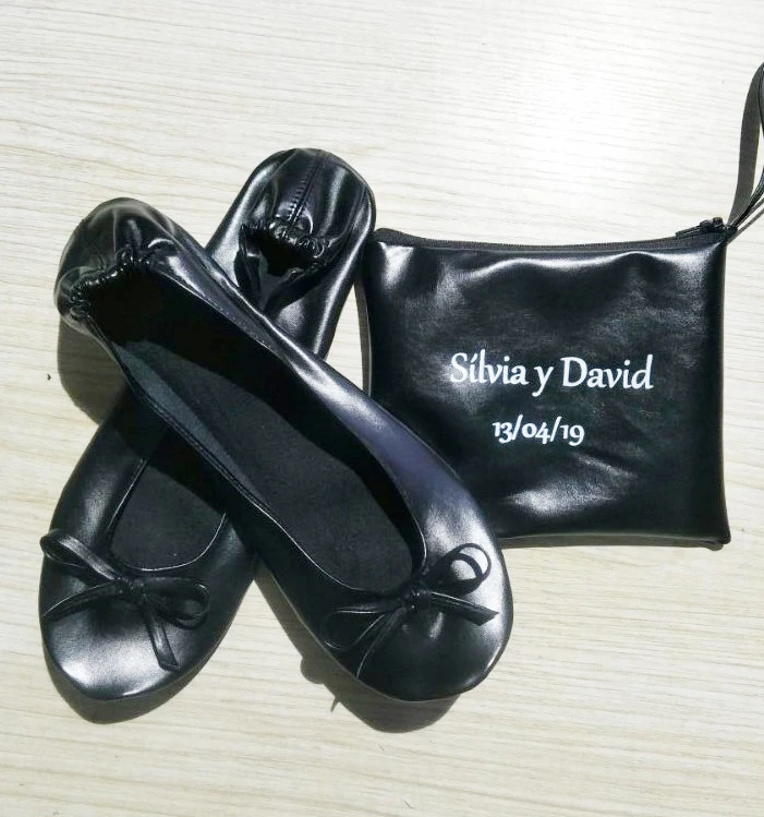 Black Wedding Gift Cheap Foldable Flat Shoes with customized pouch