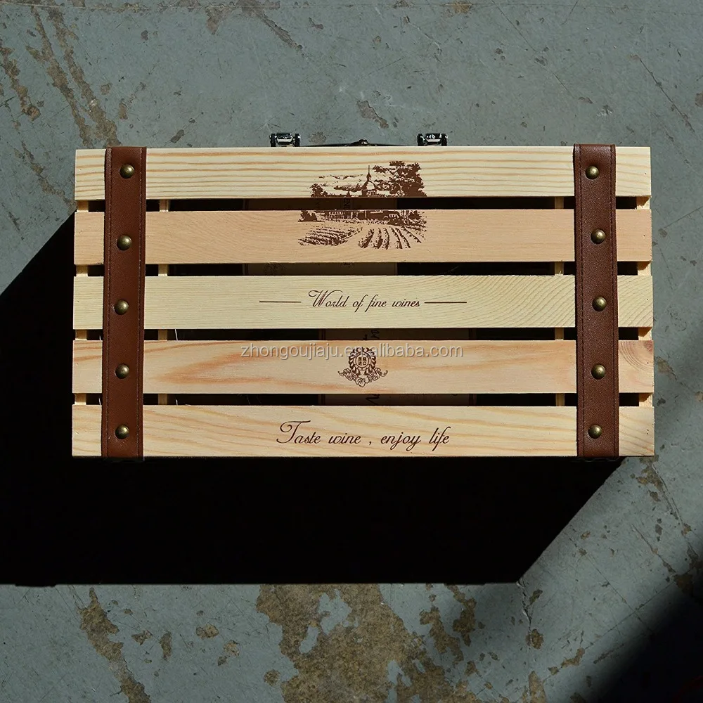 Natural Wood Crate 2 Wine Bottle Travel Storage Box / Display Case