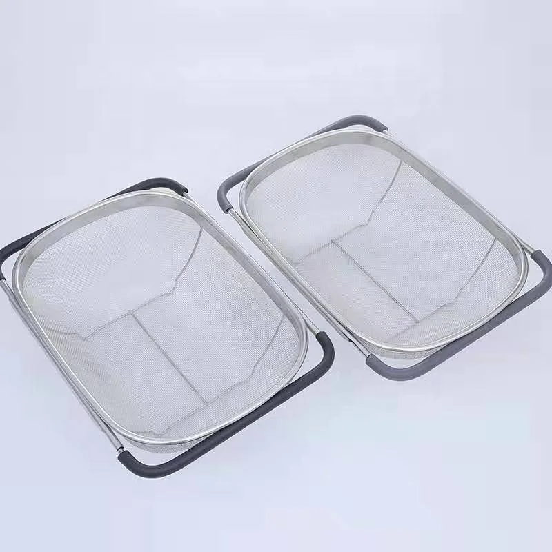Stainless Steel Adjustable Rubber Handle Over The Sink Fine Mesh Fruit Vegetable Colander Basket